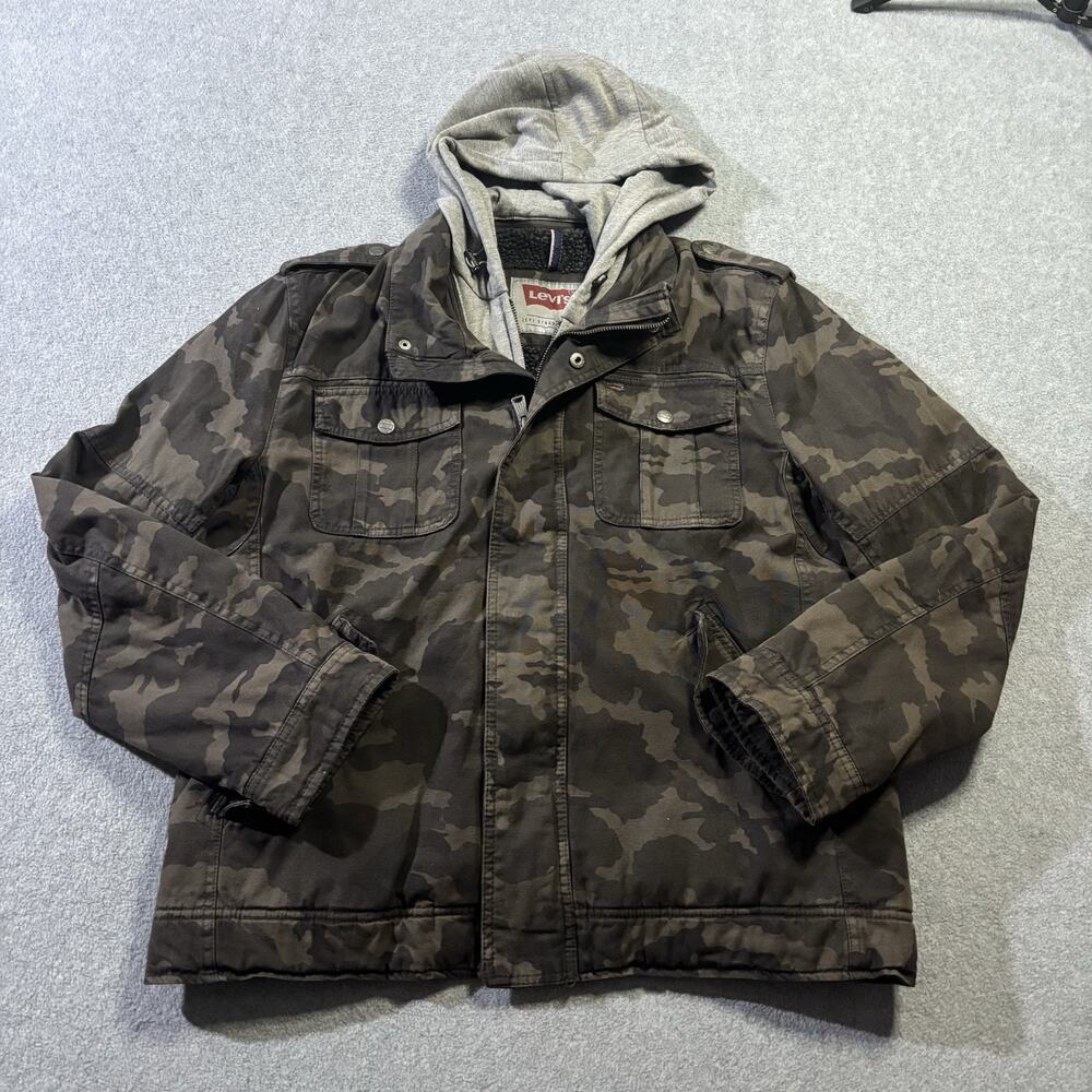 Levi's Men's Large Camo Sherpa Lined Hooded Military Field Jacket Canvas Coat